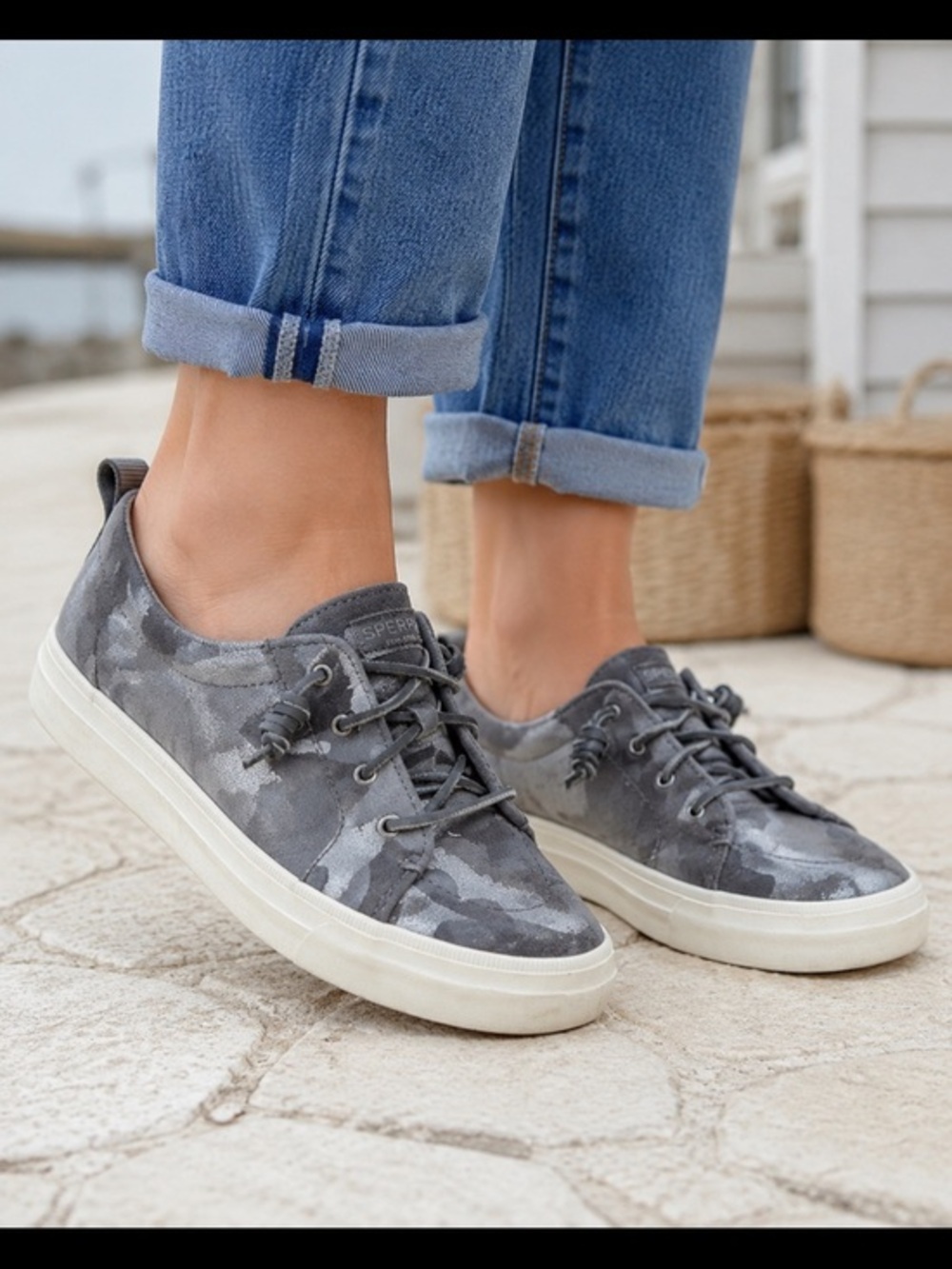 Sperry Women’s Gray Camo Slip On Sneakers Memory Foam Casual Boat Shoes Size 8